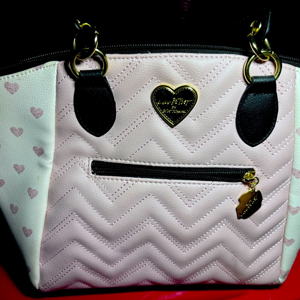 Betsy Johnson “Luv Betsy” Quilted Crossbody Pink Embroidered Hearts Handbag, EUC